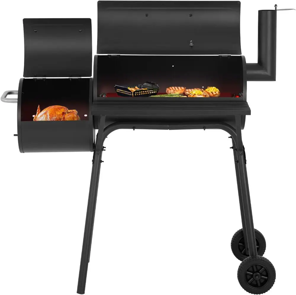 43-inch Charcoal Outdoor BBQ Grill - Portable Camping Grill, Offset Smoker