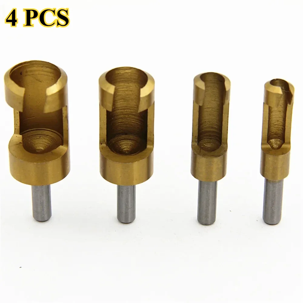 

4Pcs Titanium Coated Shank Barrel Cork Drill Bit Plug Cutter Bored Hole Tenon Drills Hole Saw Arbors Woodwork Tools