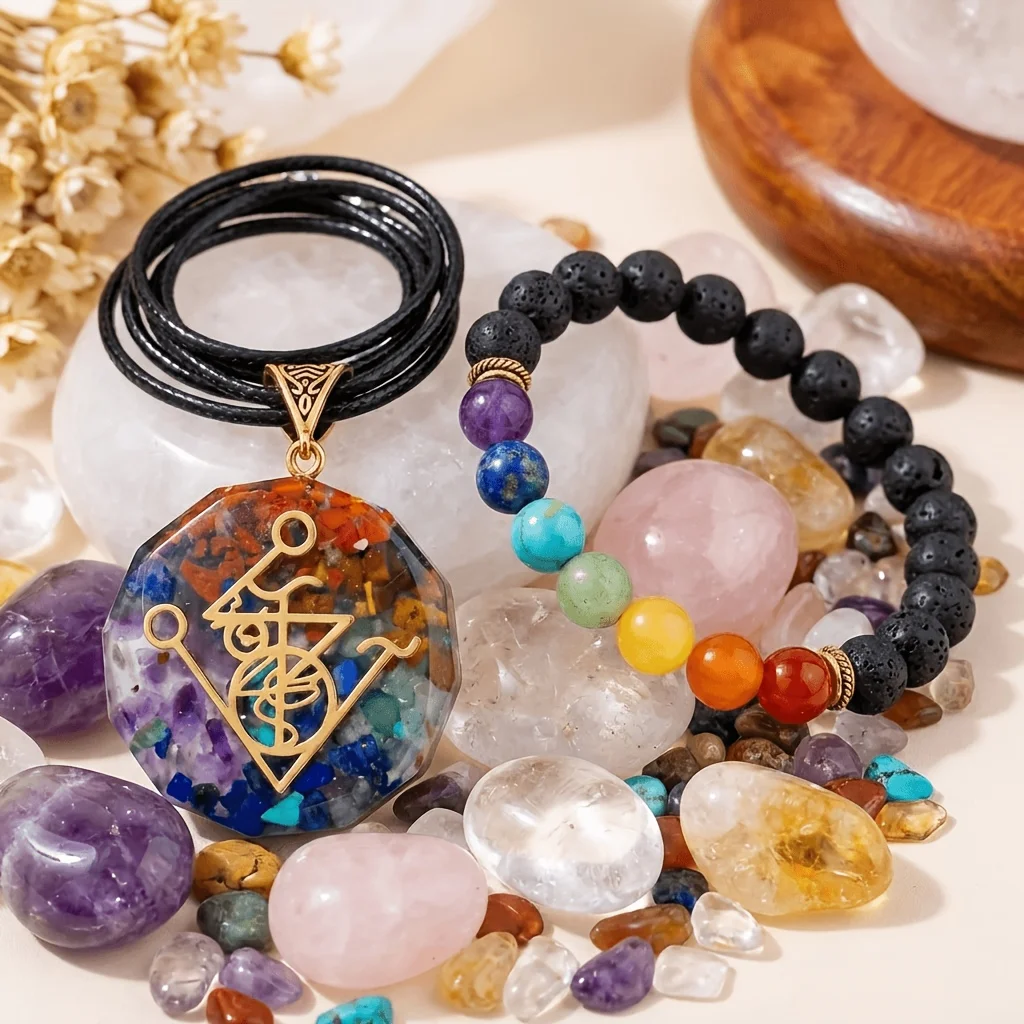 4PCS Chakra Seven Color Natural Stone Crystal Jewelry Set with Flower of Life & Metatron's Cube7 Chakra Orgonite Energy Pendant