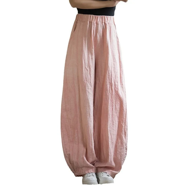 Tie-Dyed Ramie Blend Trousers - Distressed Bohemian Paper-Bag Waist Culottes for Women