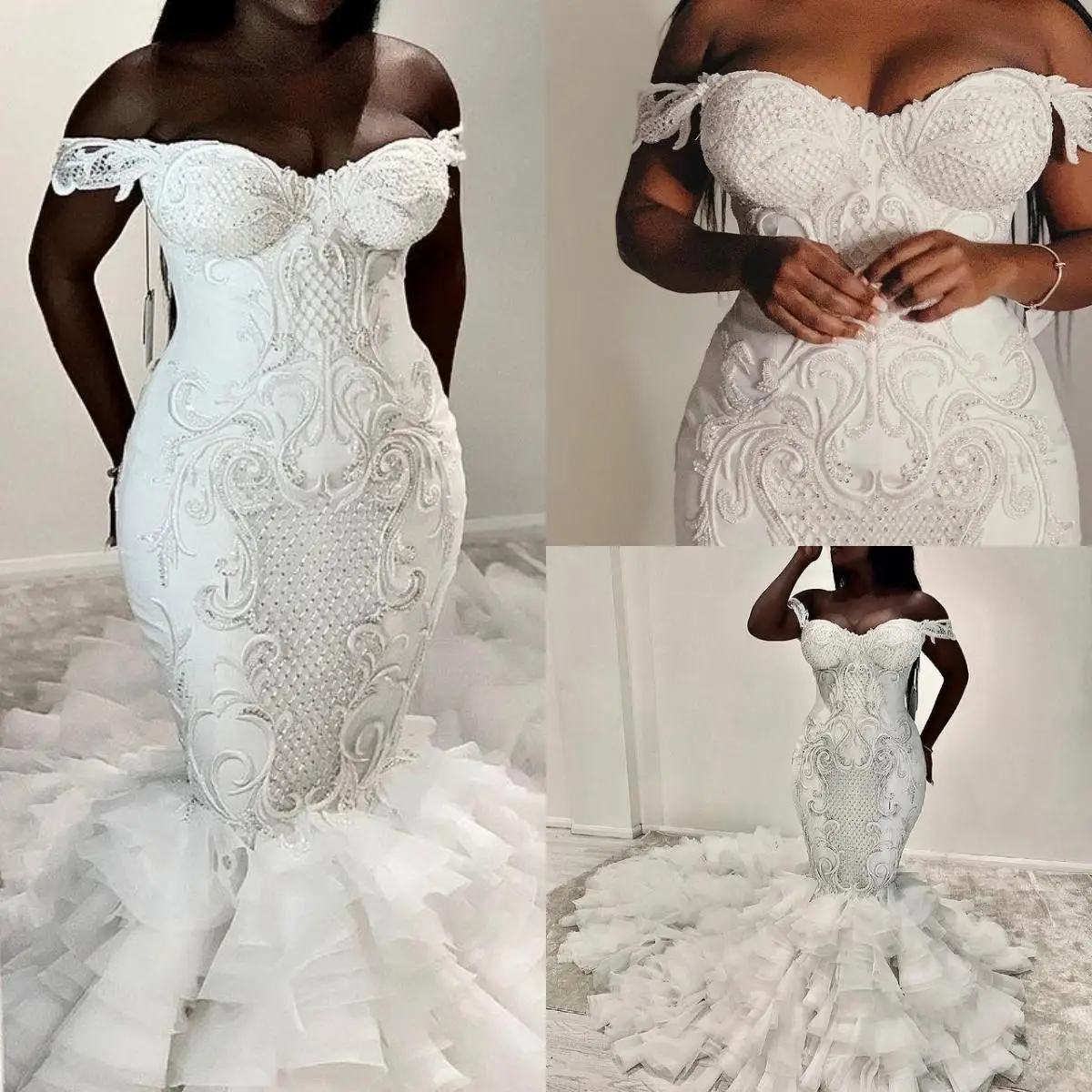 Customized Plus Size Mermaid Wedding Dresses Bridal Gowns Lace Appliqued Beaded Off The Shoulder Tiered Skirts Ruffles Vestido D