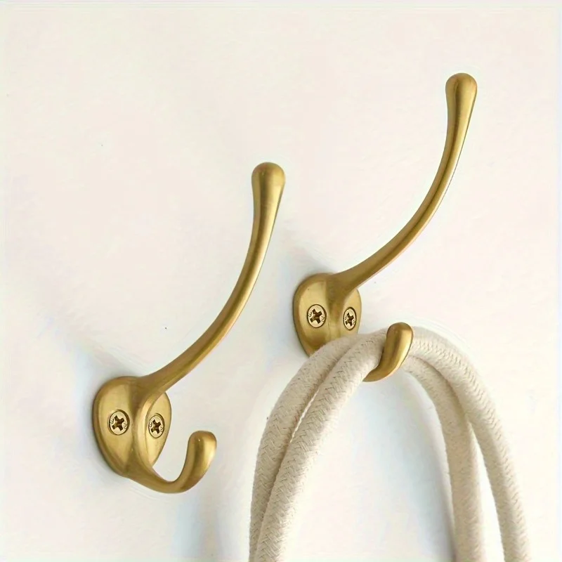 2pcs Heavy Duty Brass Coat Hooks with Rustic Style - Polished Finish Wall Mounted Hanger for Clothes, Hats, Bathroom, Wardrobe
