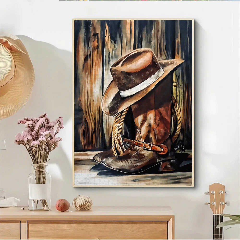 

1000 шт. пазл в стиле вестерн с ковбойскими сапогами и шляпой — большая сложная игра-головоломка с коричневым/черным/бежевым/сером/белым/золотым/, W