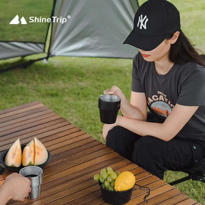 ShineTrip Outdoor 304 Stainless Steel Double Layer Mug 4 Pcs Food Grade Plastic Sprayed Catering Mug Portable Set Coffee Mugs