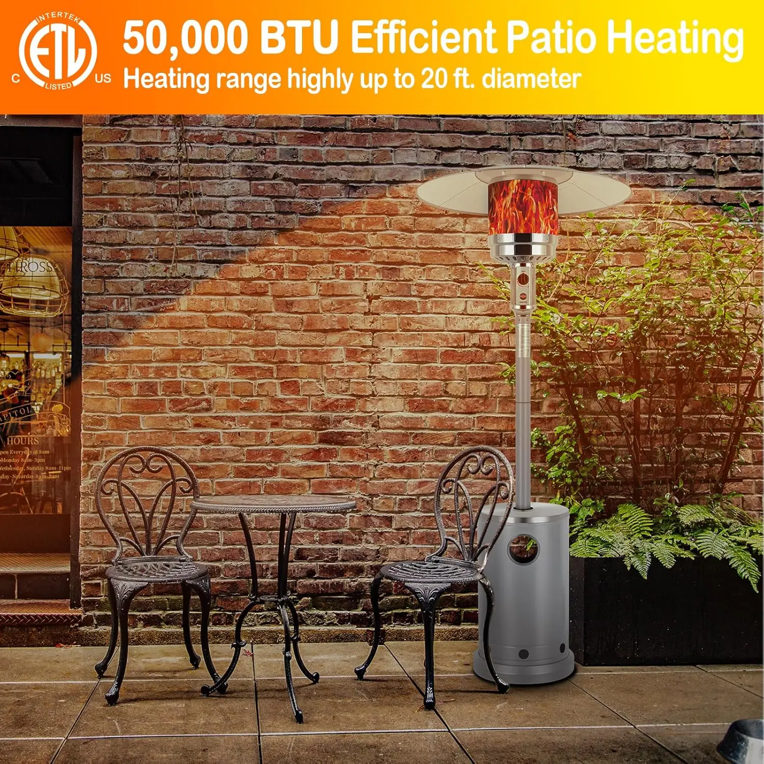 Patio Heater, Stainless Steel Burner, Triple Protection System, Wheels, Outdoor Heaters for Patio, Garden, Commercial and Reside