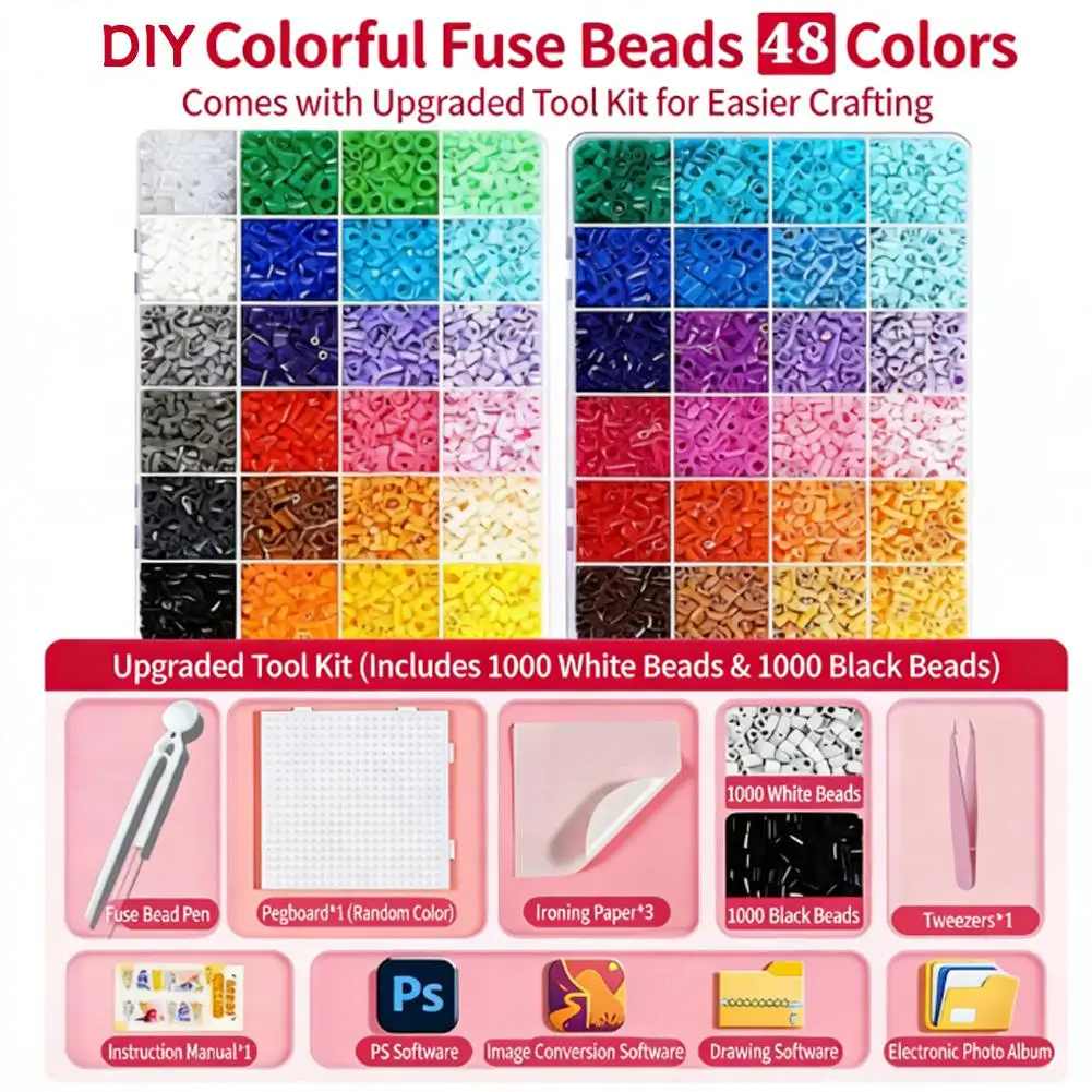 DIY Fuse Beads Kit Complete Set with Tools 2.6mm Melting Beads 3D Craft Making Supplies Boxed Educational Toy for Kids Handmade