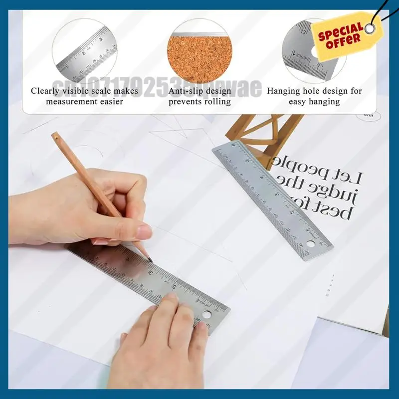 -A89Z 3피스 6인치 미끄럼 방지 금속 자 세트(코르크 베이스 포함) - 목공용 직선형 도구