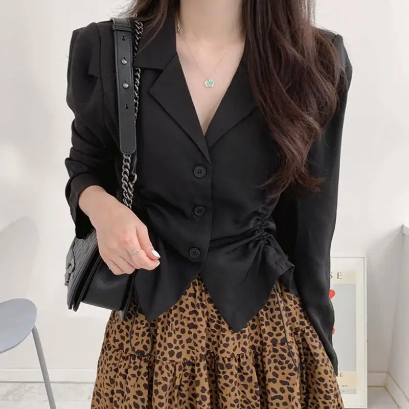 Fashion Lapel Solid Color Loose Shirring Shirt Women\'s Clothing 2023 Spring New Casual Tops All-match Office Lady Blouse