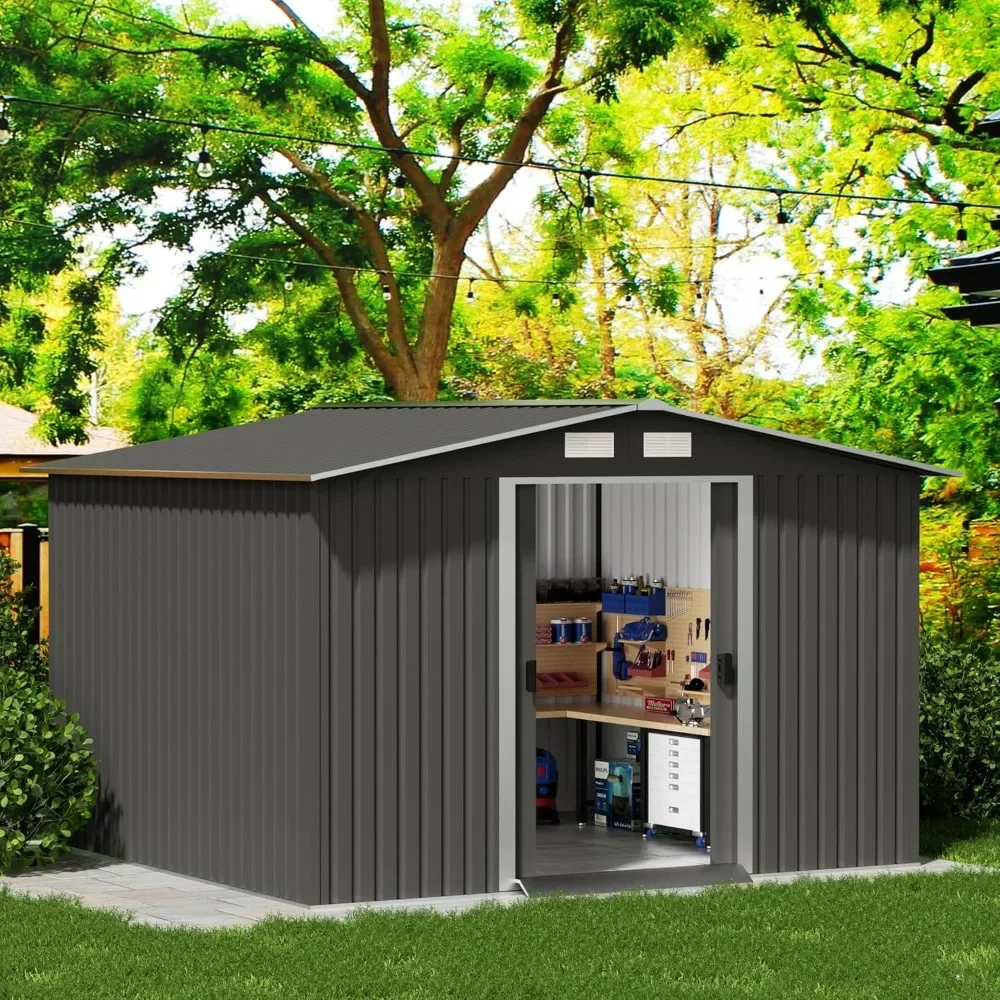 

8' x 10' Outdoor Storage Shed, Metal Shed with Double Sliding Door and Sloping Roof, Grey