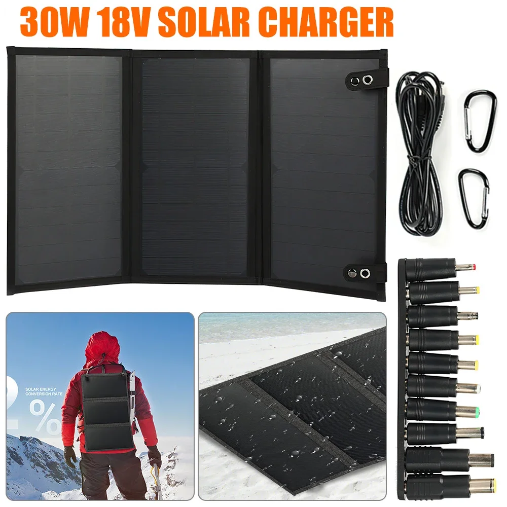 30W 18V Flexible Foldable Solar Panel Type-C USB DC Output Ports Solar Battery Charger for Outdoor Mobile Phone Camera Laptop