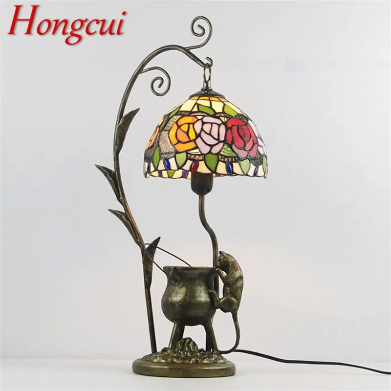 Hongcui Tiffany Glass Table Light LED Creative Resin Bedside Desk Lamp Flower Shape Lampshade For Home Living Room Bedroom