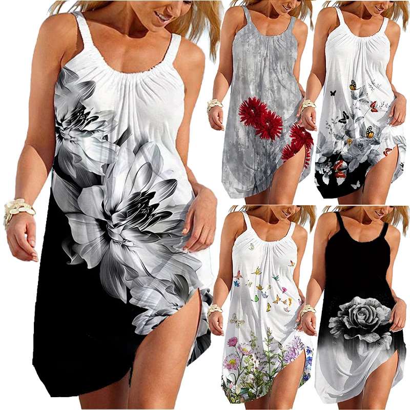 Sling Dress Women's Flower 3D Print Dress Black Traf Beach Dress Hawaii Sexy Dress Floral Sleeveles Sundress Dresses Vestido