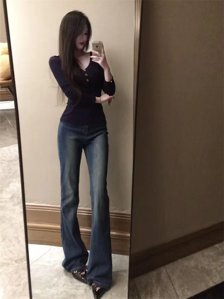 

Винтажные джинсы-клеш в американском стиле с высокой талией для женщин, весенне-осенние, длинные, в пол, облегающие, из выстиранного денима