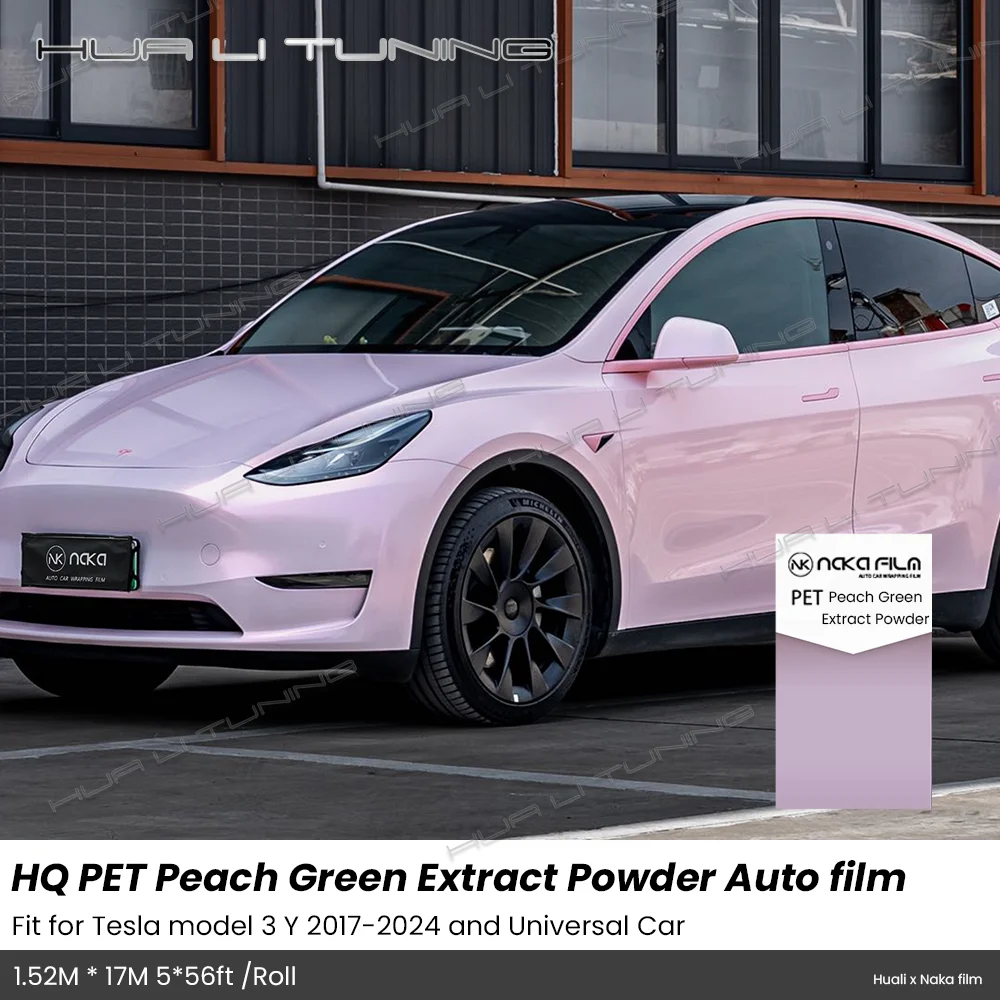 

Car Vinyl Wrapping Film For Tesla Model 3 Y 2017-2024 or Universal Peach Green Extract Powder PET Color changing Car Wrap Tuning