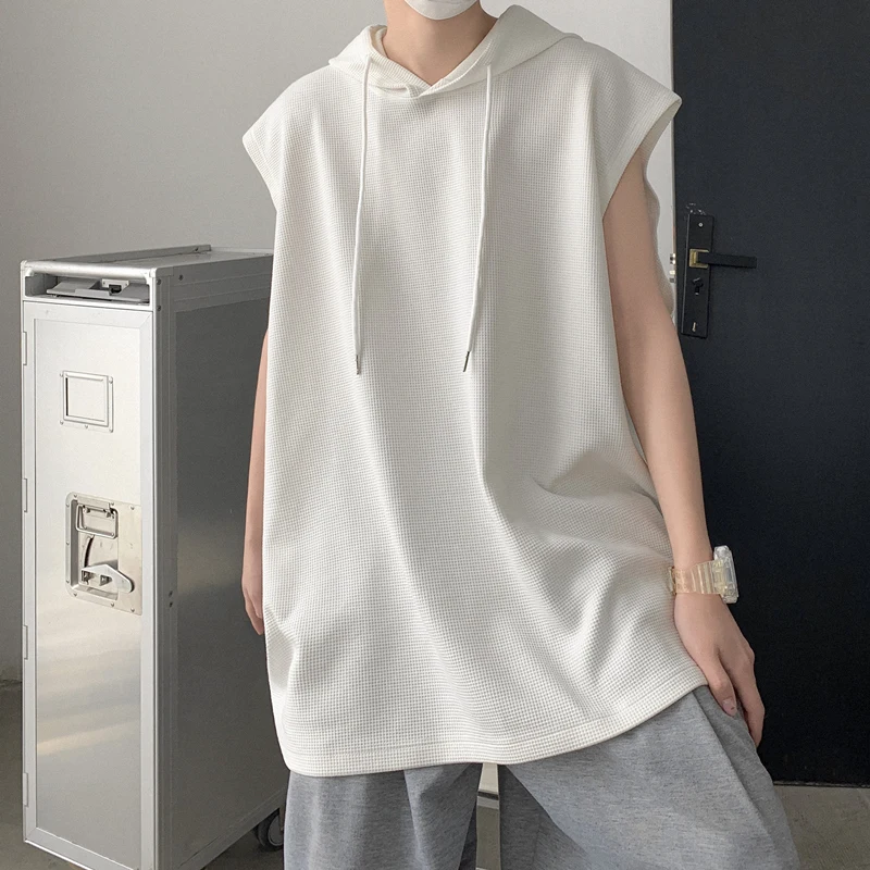Klein Blue Hooded Tank Top Men Summer Trendy Brand INS Shoulderless Sleeveless Loose Sports Upper Apparel Casual Loose Fit