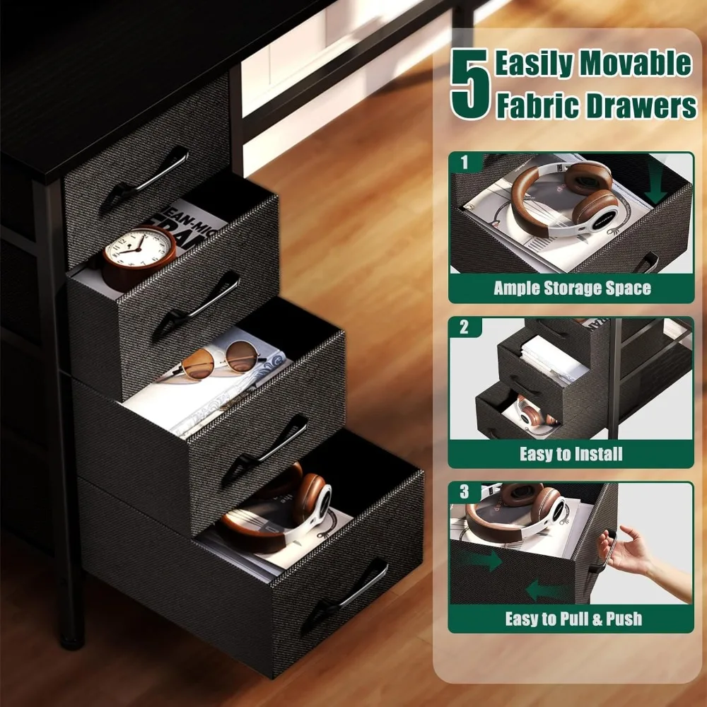 55 Large Gaming Desk with USB Ports, LED Lighting, Reversible Office Desk with Adjustable Drawers for Work & Gaming