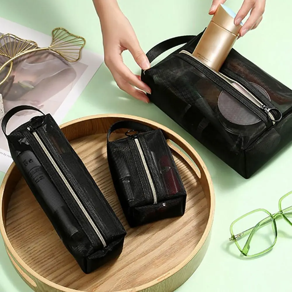 1Pcs New S/M/L Mesh Toiletry Bag Solid Small Portable Cosmetic Bag Black Zipper Opening Makeup Organizer Men Women