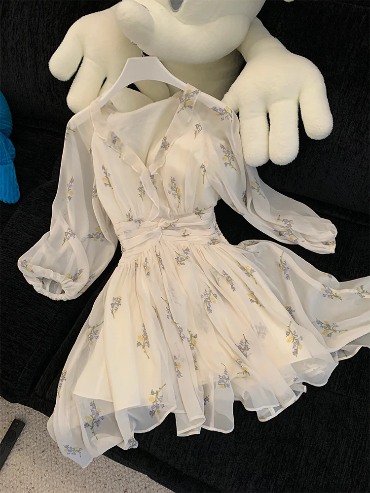 أوائل الخريف 2025 V-Ne Lantern Sve الأبيض الشيفون الأزهار طباعة الدكتور ألف خط ort تنورة عالية الخصر المطبوعة الجنية ألف خط D...