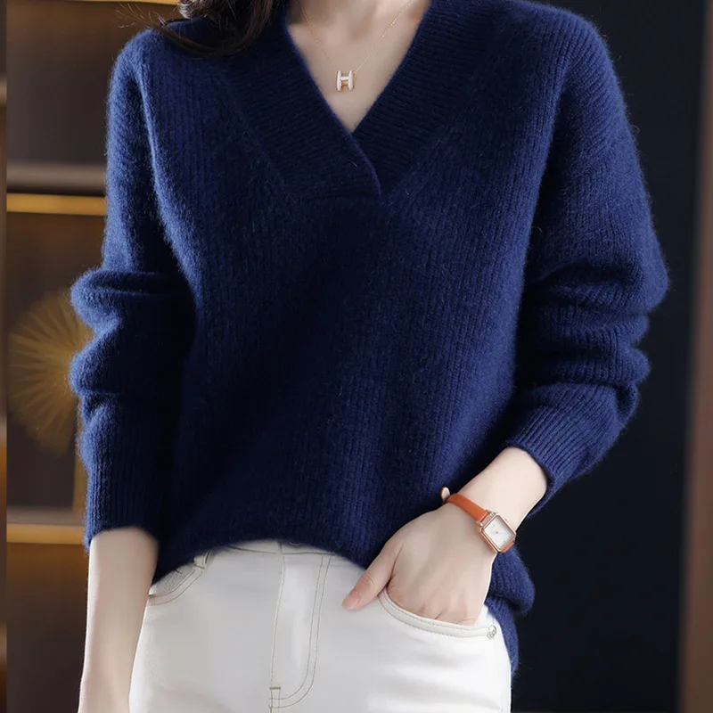 Office Lady Fashion Simple Loose Wool Knitted Pullovers Autumn Winter Vintage Comfortable Soft Thick Sweaters