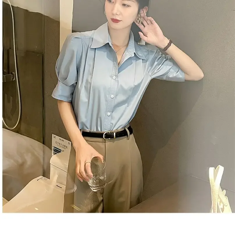 Women Summer Light Ripe Wind Simplicity Loose Solid Color Polo-Neck Short Sleeve Shirts Women Clothes Casual Appear Thin Tops