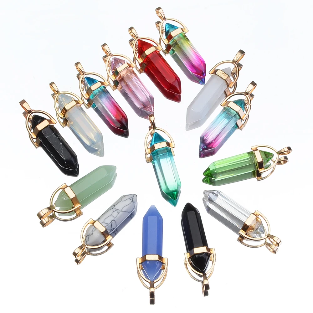 20PCS/set Random Fashion Hexagonal Column Pendants, Mixed Color Chakra Natural Stone Crystal Multi-color Pendant Necklace