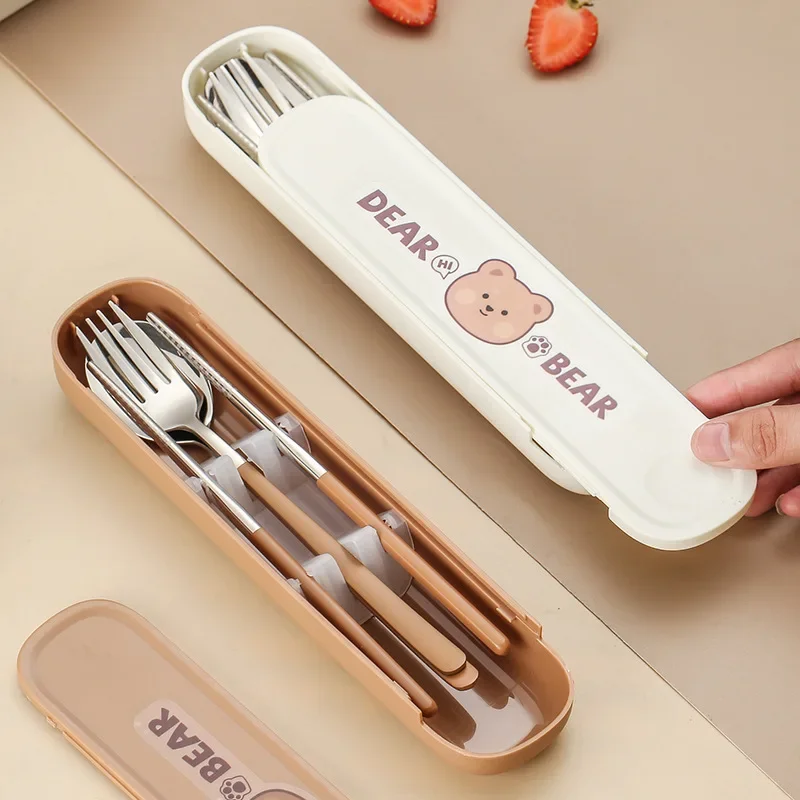 

304 Stainless Steel Cartoon Cutlery Set with Case Kids Fork Spoon Portable Travel Tableware Reusable Flatware