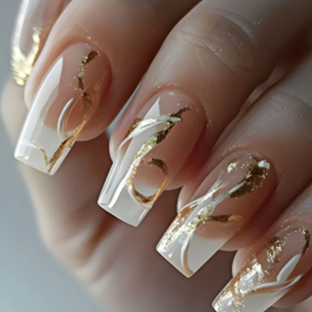 

24 Pcs False Nails To Stick Medium-length Acrylic Press on Nails Gold Glitter Reusable Adhesive Nail Tips Sticky Nails Wholesale