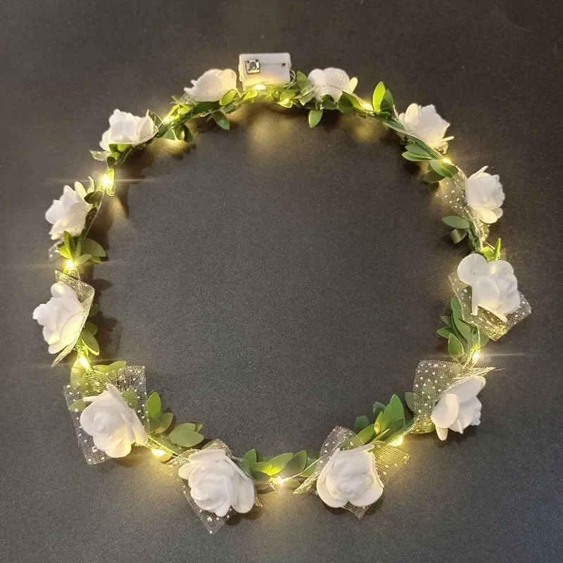 Romantic Glowing Wreath LED Light Rose Flowers Hairband Headpiece for Wedding Party Girl Birthday Favor Luminous Hair Garland