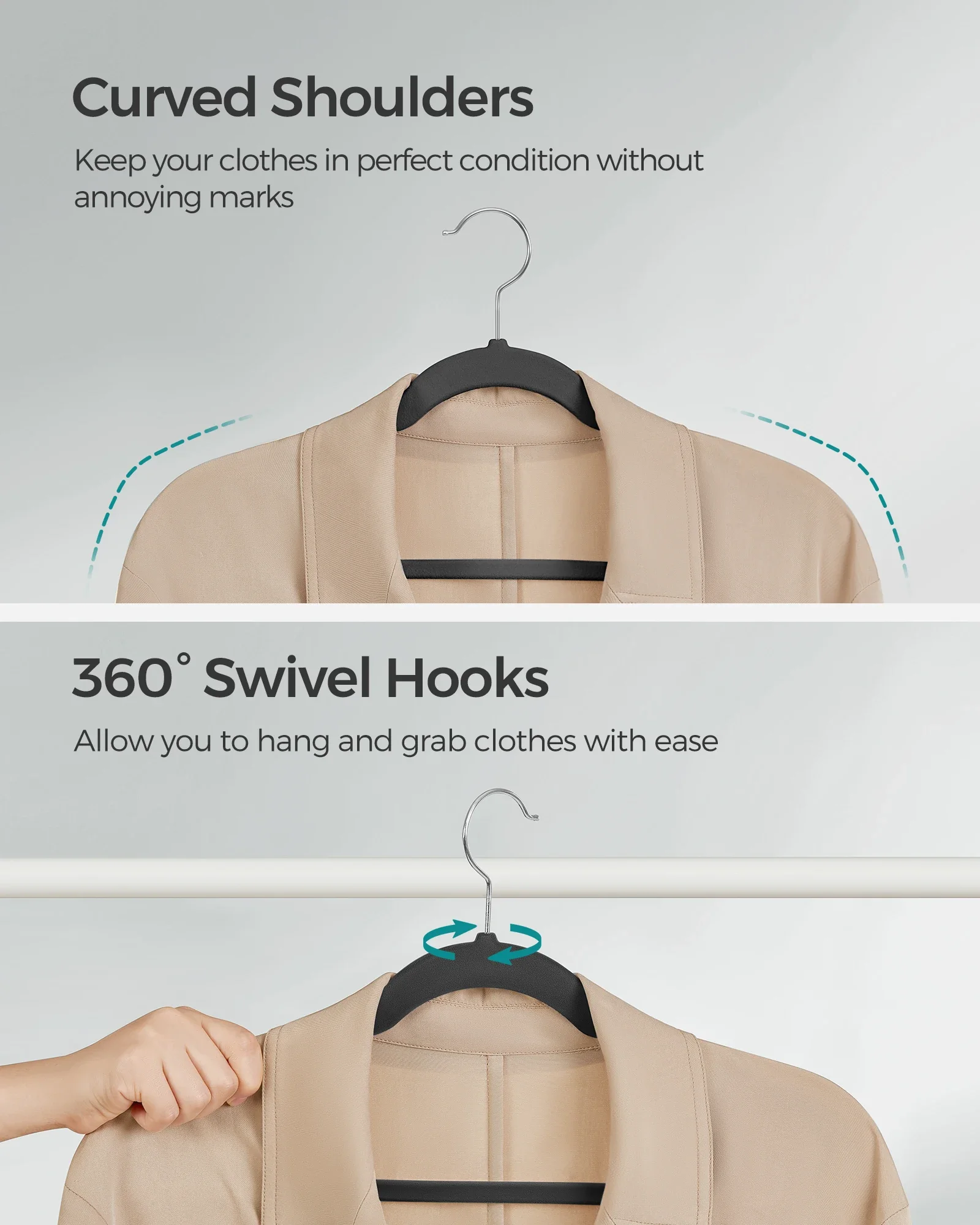 شماعات ملابس مخملية 30/50 عبوة غير قابلة للانزلاق مع شريط سراويل على الكتف 360 درجة °   خطاف دوار لتخزين البدلة