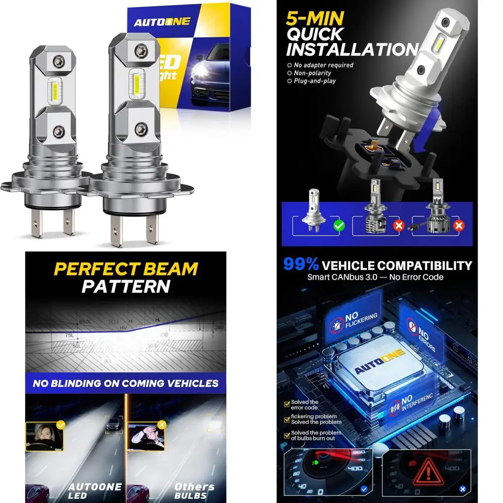 

Светодиодные лампочки H7, 44,000 лм, 800% супер яркость, 6500 К, белые, адаптер не требуется, неполярный, против мерцания, мини-размер 1:1, H7