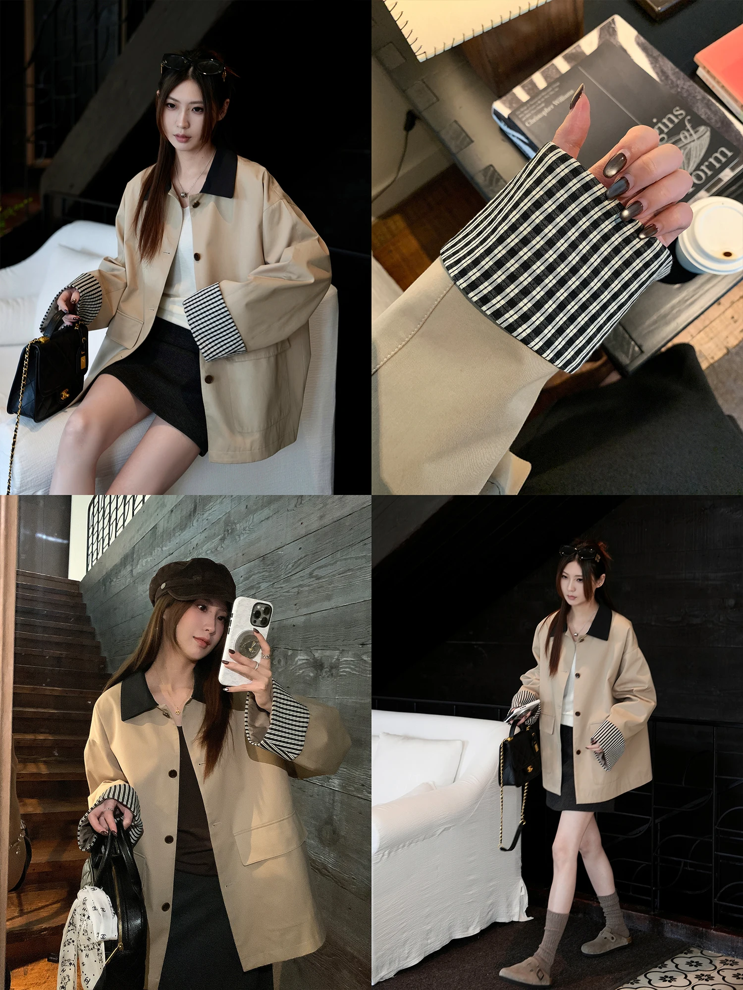 

A ort Sle 00% Cotton Plaid Color Blo Women's Coat Korean Version Straight Tube ape Outerwear Khaki Color for Autumn