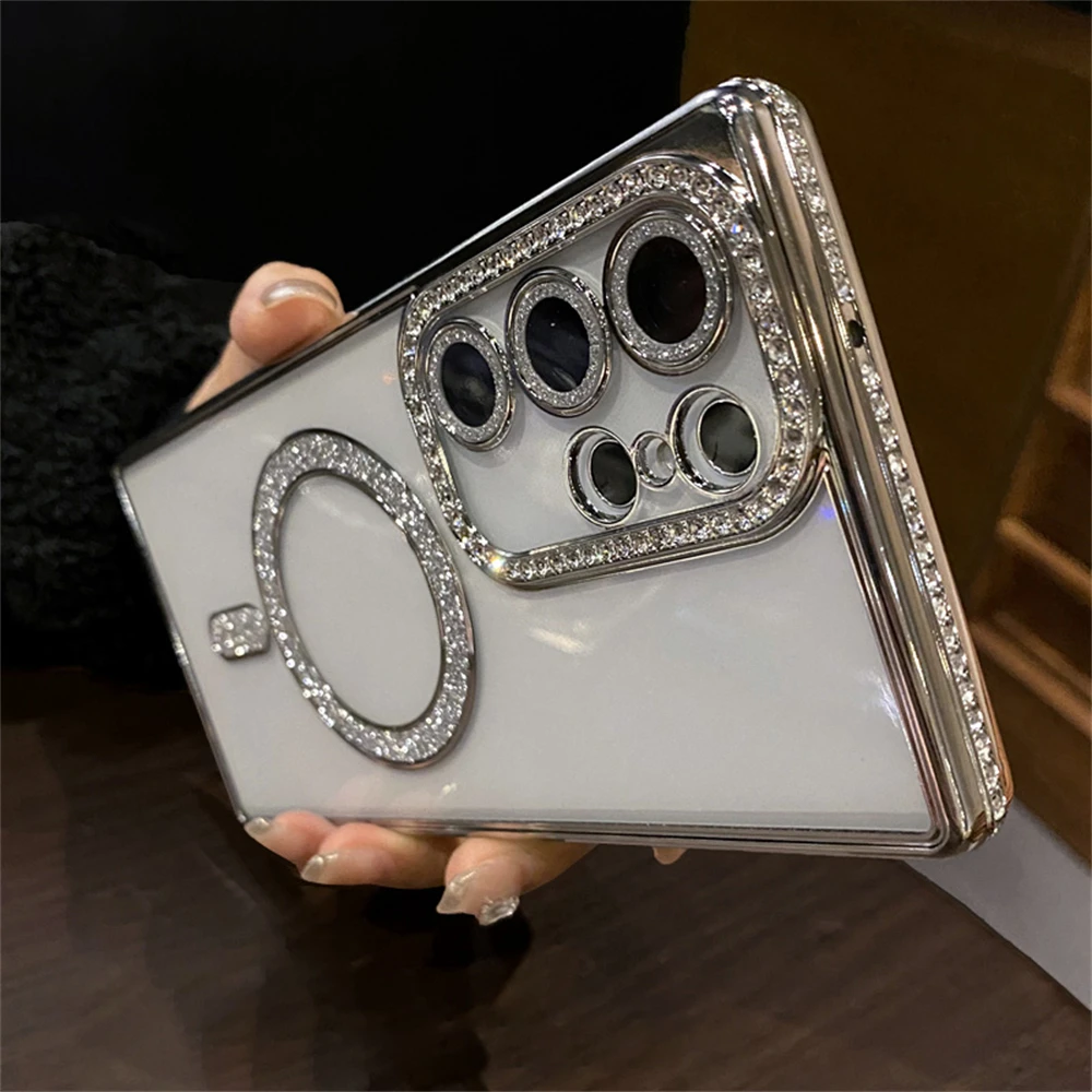 Luxury Plating Diamonds Magnetic Case For Samsung S24 Ultra S23 S22 Clear Wireless Charging Shockproof Camera Protection Cover