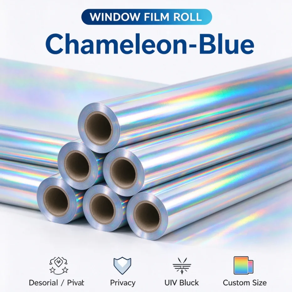 Chameleon Blue PET Window Tint Roll Solar Control Anti Glare Heat Rejection One Way Privacy For Household Automotive