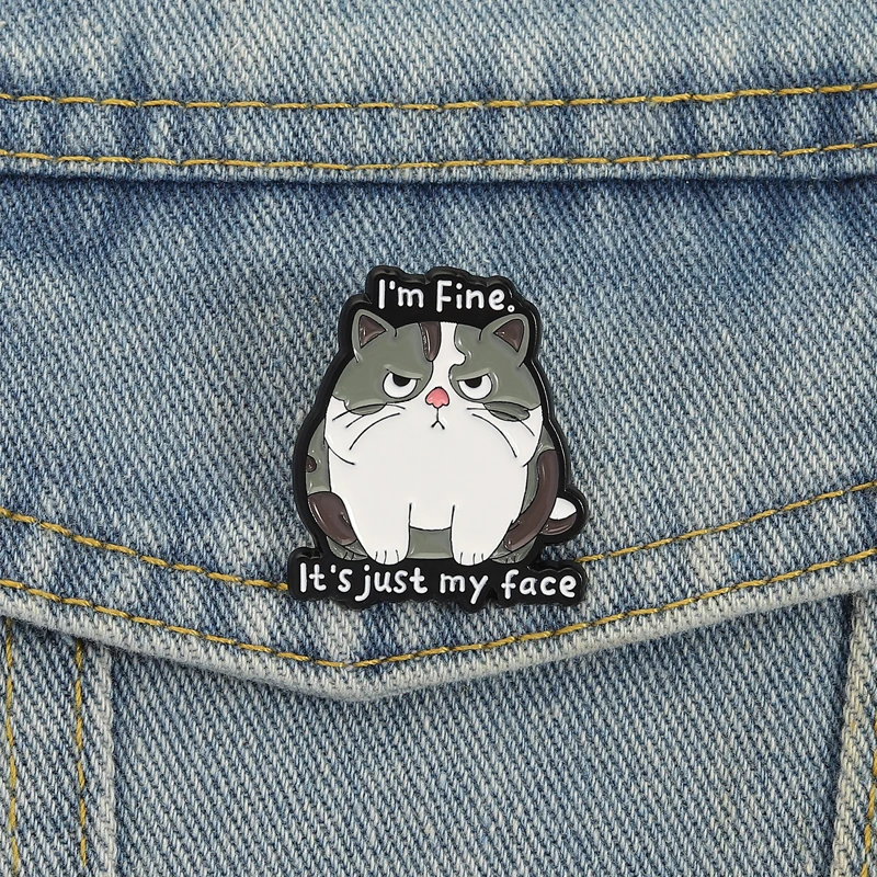 Estoy bien, es sólo mi cara, alfileres esmaltados, broches de animales de gato divertidos de dibujos animados, insignias de solapa, ropa, joyería, regalo para amigos