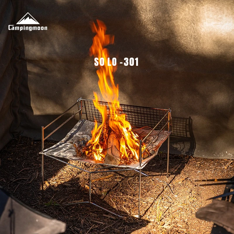 Fogão de aquecimento para acampamento ao ar livre, fogueira de aço inoxidável, grelha leve dobrável com rede de grelha, fogão a lenha