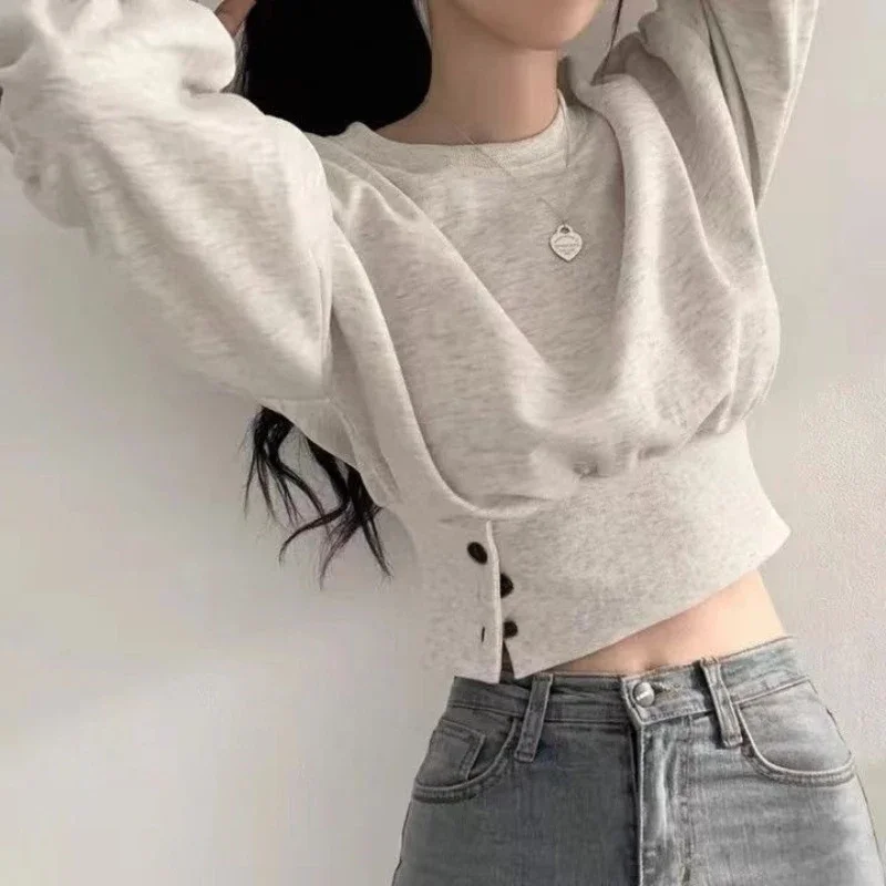 Autumn Women Solid O-Neck Slim Crop Top Lantern Sleeve With Button  Sweat Casual Hip-Hop Sporty Pullover Sweet Chic Street Wear