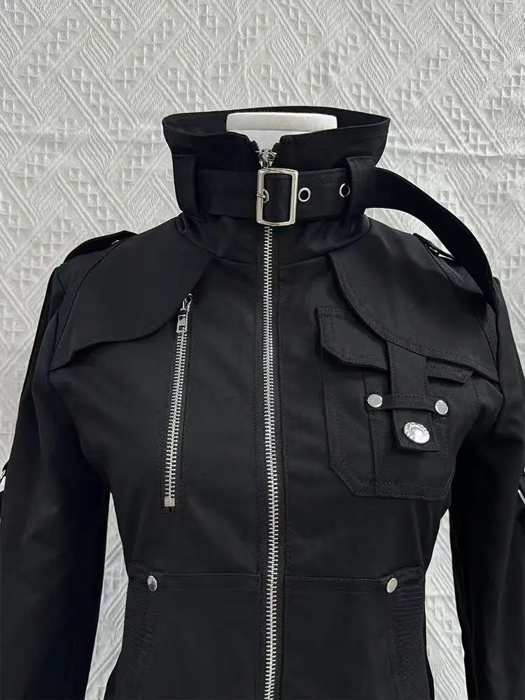 Y2K Gothic Black Slim Double Zipper Hoodie Women's Y2K American Retro Fashion Slim Oversized Cuffs Casual Motorcycle Jacket