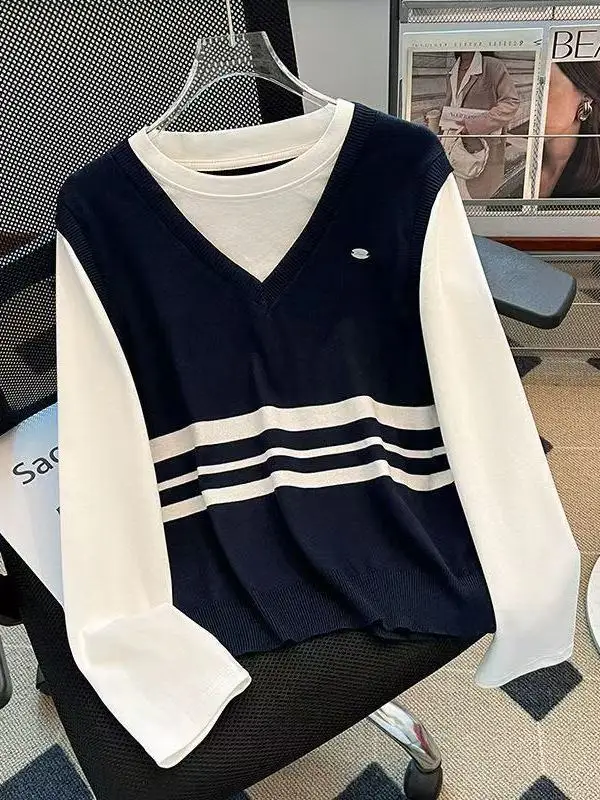 الراقية الأوروبية Sle مخطط تريكو المرأة قاعدة اللون Blo College Sle طويل Sve مطاطا جولة Ne ملابس يومية