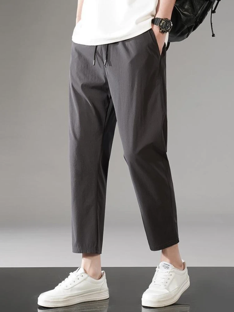 

Ice Silk Summer Thin Cropped Trousers for Men Regular Fit Designer Fashion 2025 Korean Style Cheap Casual Straight Pants Man
