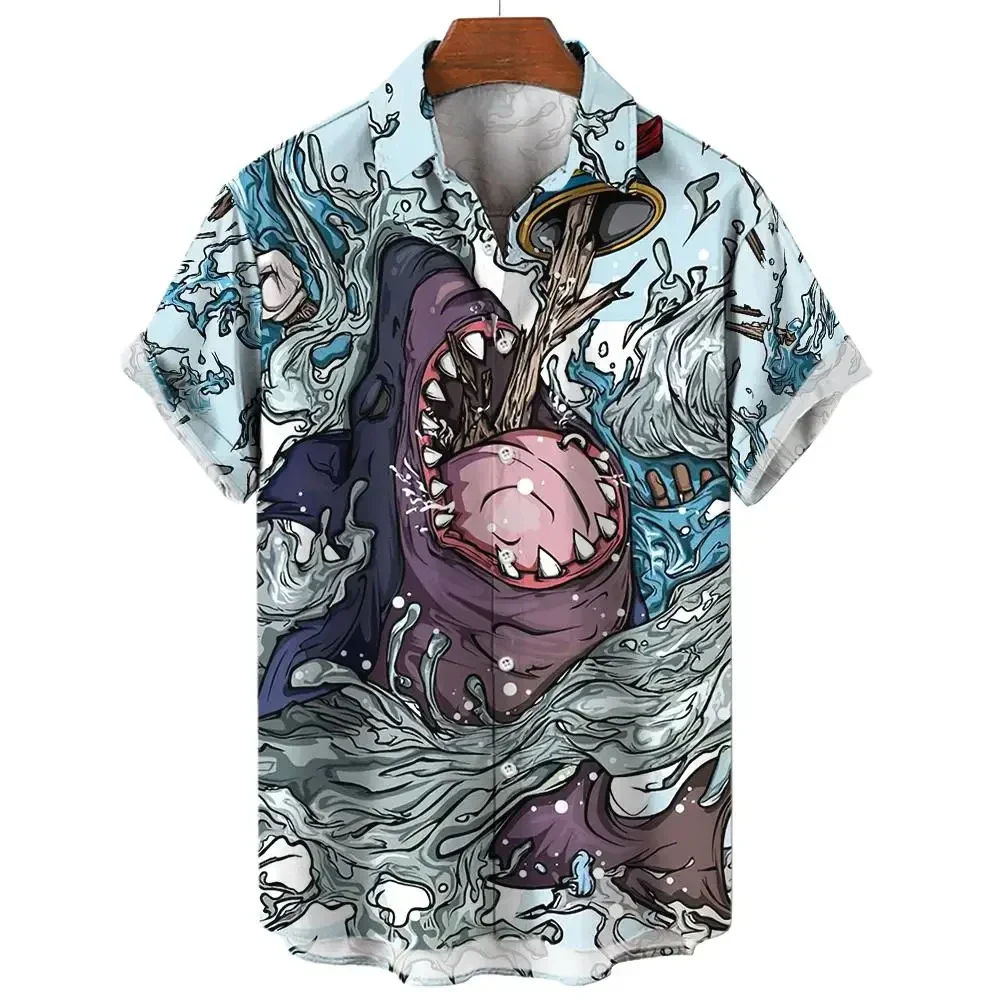 Camisa estampada com padrão 3D de tubarão, moda casual, mangas curtas, lapela de botão streetwear, roupas unissex extragrandes