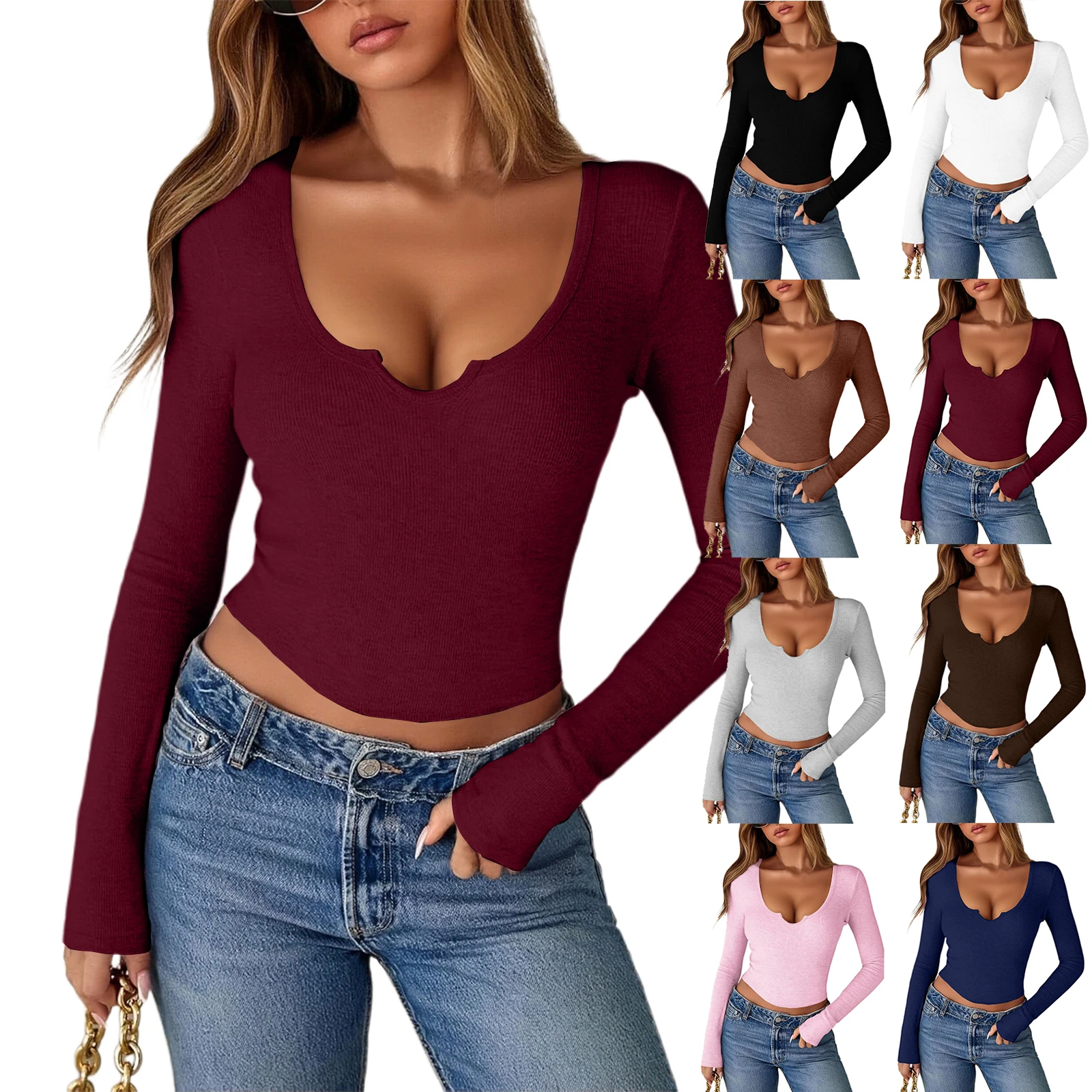 Damska seksowna bluzka z dekoltem w serek, wyszczuplająca, w jednolitym kolorze, modna, wygodna, elegancka, z temperamentem, z wykwintnym designem i długim rękawem.