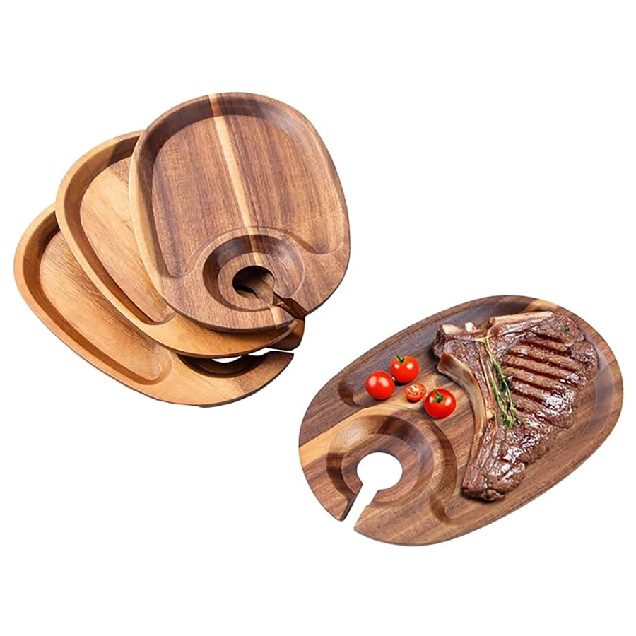 Wood Appetizer Plates Set of 4 Acacia Wood Appetizer Plates Wooden Cocktail Appetizer Plates with Wine Glass Holder Cheese Board