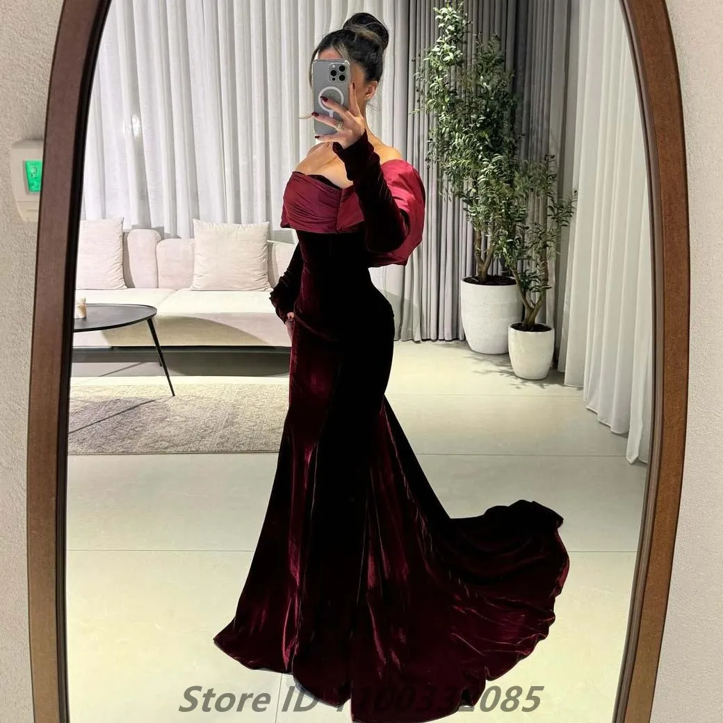 Burgundy Mermaid Velour Evening Dress For Wedding Party Off Shoulder Long Sleeve Formal Prom Dress Dubai Party Gown Customized