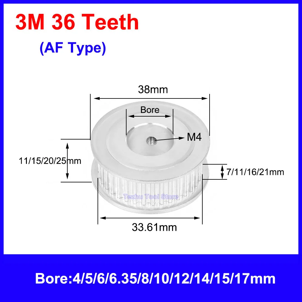 1PCS HTD 3M Timing Pulley 36 Teeth 38 Teeth Synchronous Belt Wheel Width 7/11/16/21mm Bore 4mm-20mm