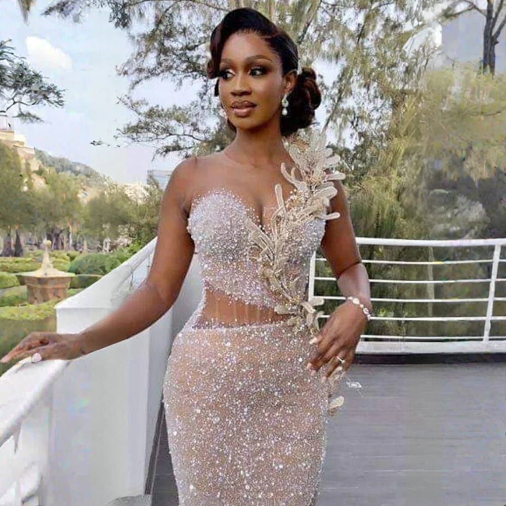 Exquisite Beaded High Split Mermaid Evening Dresses Pearls Sparkly Sequined Fish Bone Formal Party Prom Gowns Vestido De Fiesta