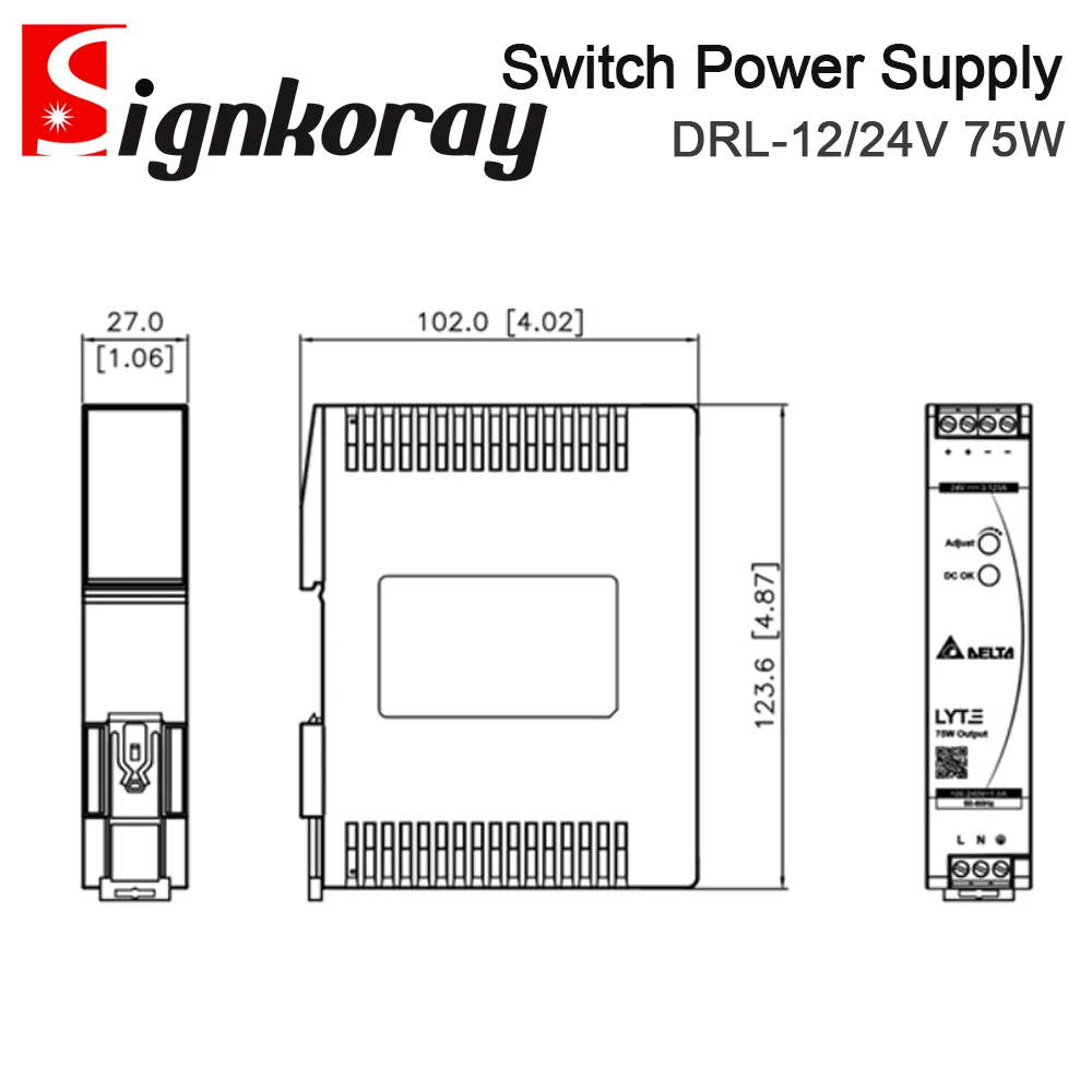 SignkoRay Original DELTA DIN Rail Type Switching Power Supply DRL Series 12V 24V 75W Single Phase 50-60Hz