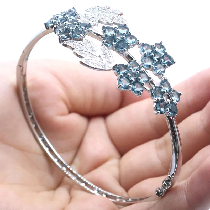 

76x26mm Classic 11.8g London Blue Topaz Smokey Topaz Pink Tourmaline CZ Women Silver Bangle Bracelet 7.5inch