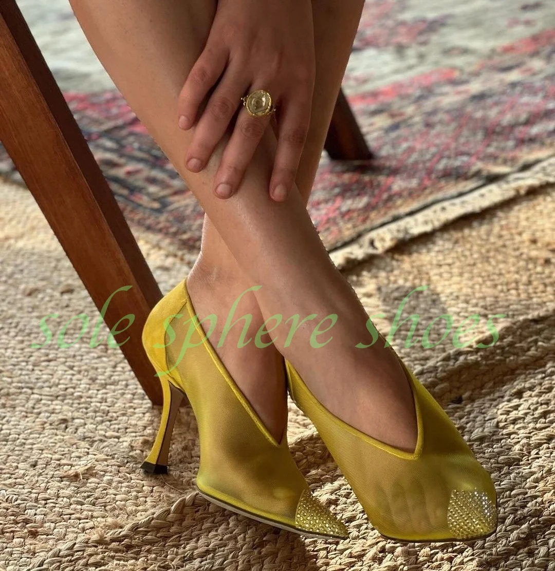 Lady Yellow Mesh Pointed Toe Rhinestone Bling Pumps Sequins Bling Gladiator Design High Heels Sexy Cut-Out Mesh Pumps Footwear