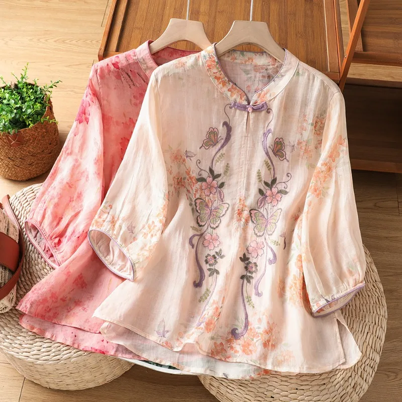 

Chinese-style Women's Blouses Embroidered Vintage Shirts Fashion Loose Summer Clothing Short Sleeves Cotton Linen Women Tops