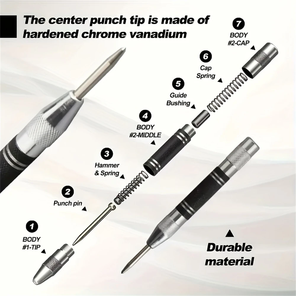 2pcs 128mm Automatic Spring Loaded Center Punch Set, for Metal Wood Glass & Plastic, Woodworking Opener Locator Punch Hole Tools